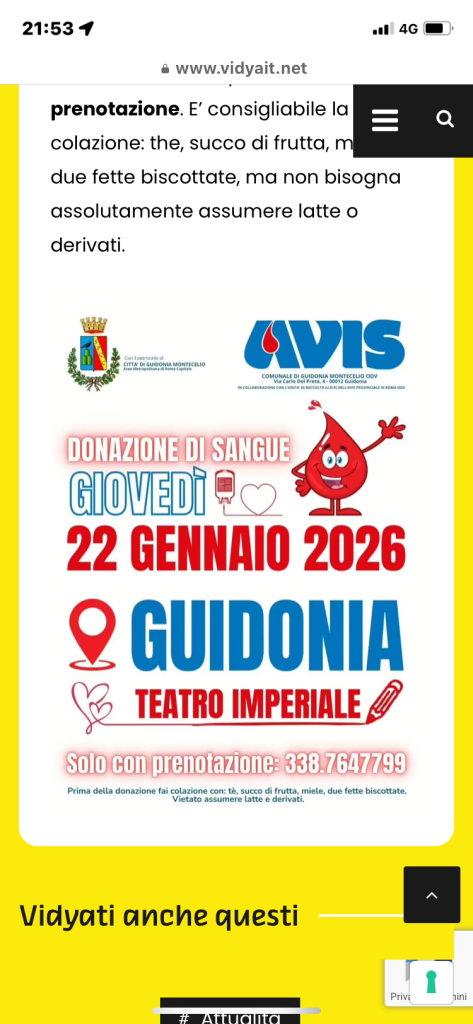 Guidonia, donazioni di sangue all’ Imperiale il 22 gennaio