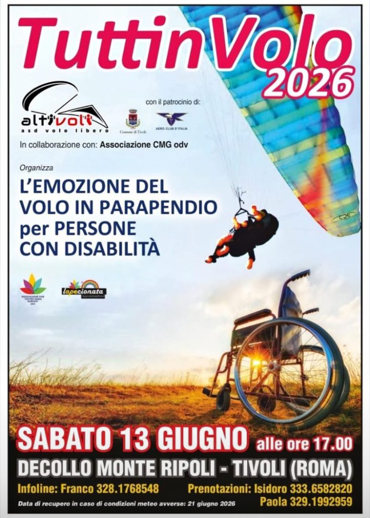 «TuttinVolo 2026»: persone con disabilità in volo sopra Tivoli con il parapendio