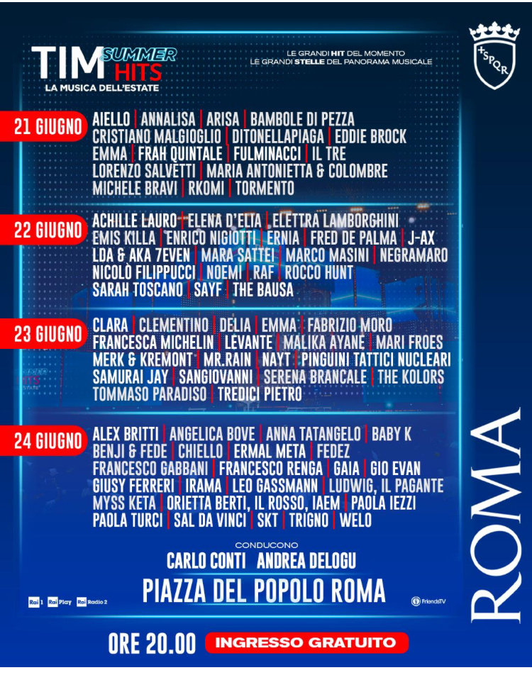 TIM Summer Hits 2026: quattro serate di musica gratuita in Piazza del Popolo a Roma